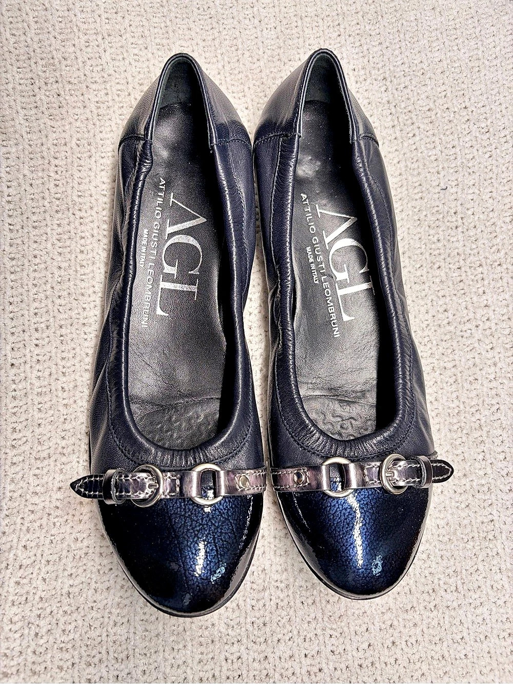 AGL Attilio Giusti Leombruni Leather Buckle Flats Blue & Black EU 391⁄2